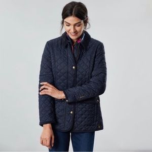 Joules Navy Quilted Coat Jacket with Corduroy  Pockets and Floral Lining, Size 8